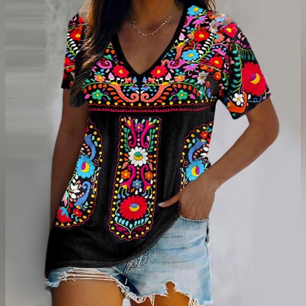 Women's Black Short Sleeve V-Neck Tee with Colorful Floral Print - Picture 3 of 5